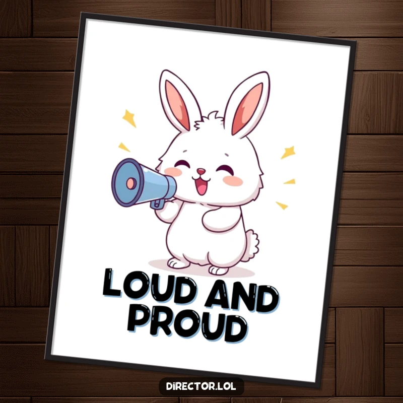 Funny Bunny Megaphone Poster: A fluffy, delighted bunny enthusiastically shouts commands through a megaphone, making a bold and humorous statement.
