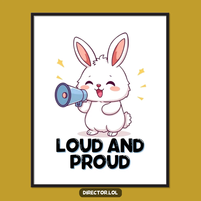Funny Bunny Megaphone Poster: Delighted Bunny Shouting Commands Art, Whimsical Animal Gift Print