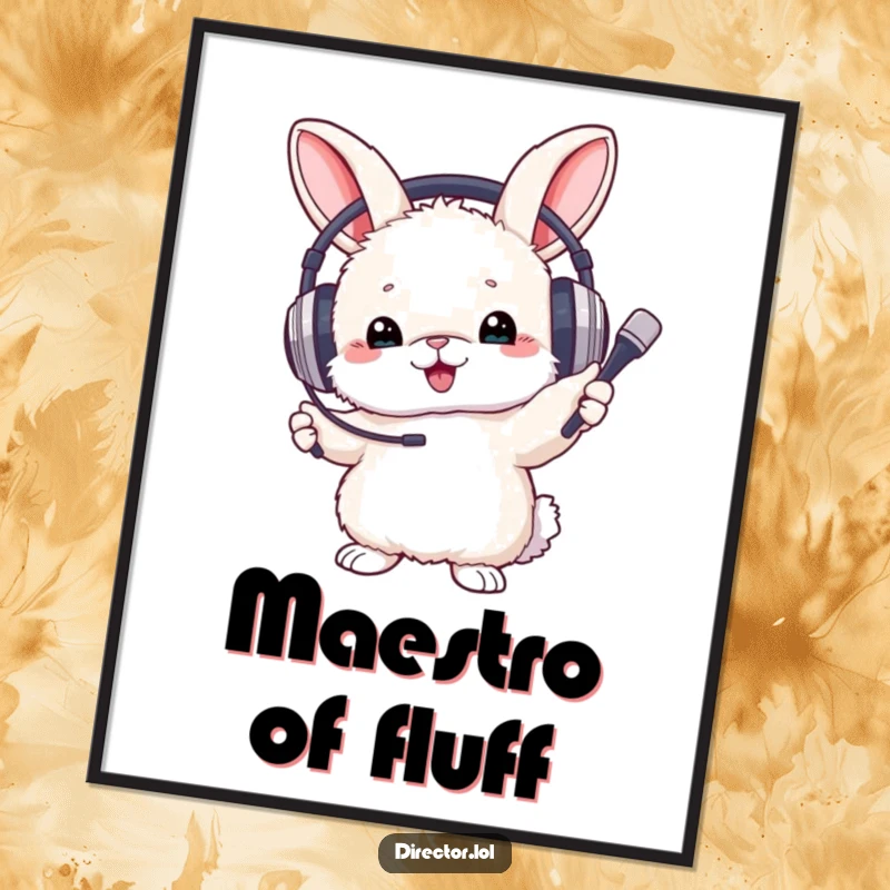 Funny Poster showing a fluffy bunny wearing oversized headphones, enthusiastically conducting an unseen orchestra with a small baton.