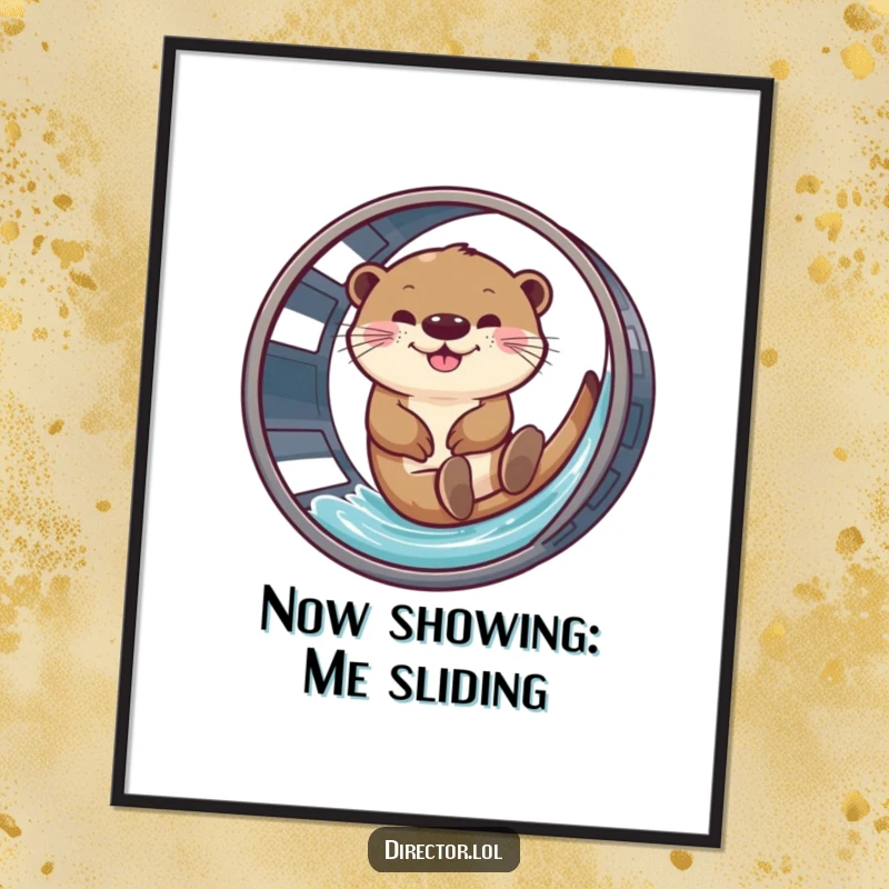 Funny poster showing a giggling otter using a film reel as a waterslide, capturing movie magic.