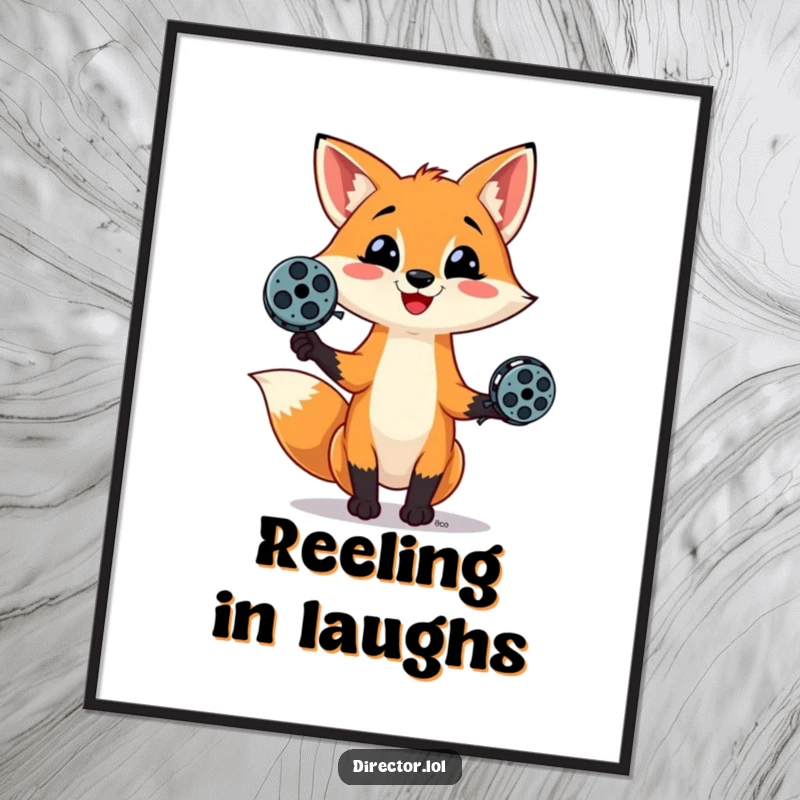 Funny poster illustrating a mischievous fox juggling small film reels with a sly grin, celebrating the art of cinema with playful charm.