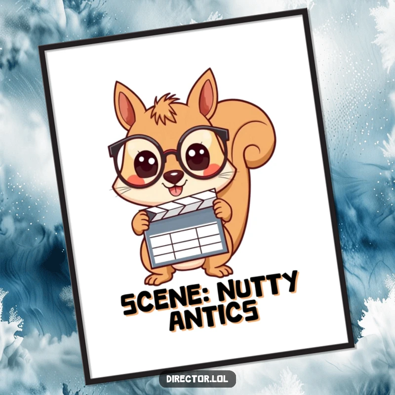 Funny cheerful squirrel sporting spectacles, holding a clapboard with wide, curious eyes, ready for 'action' on this wall art poster.