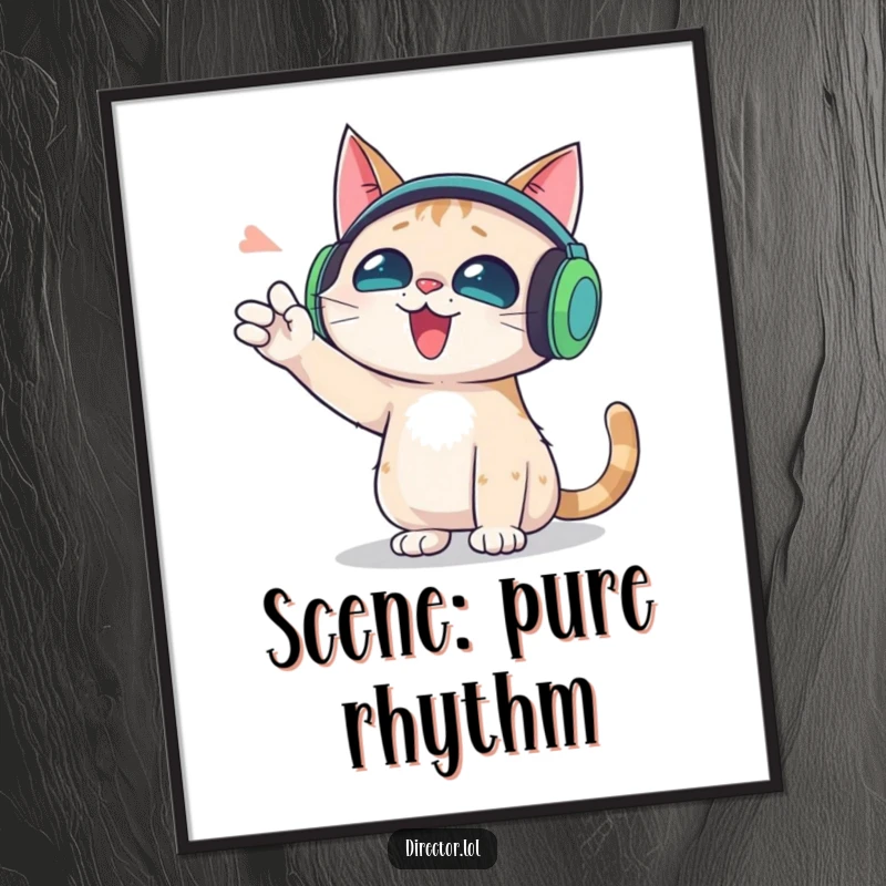 Funny poster art of a cat with oversized headphones gesturing wildly, celebrating music and vibrant expression.