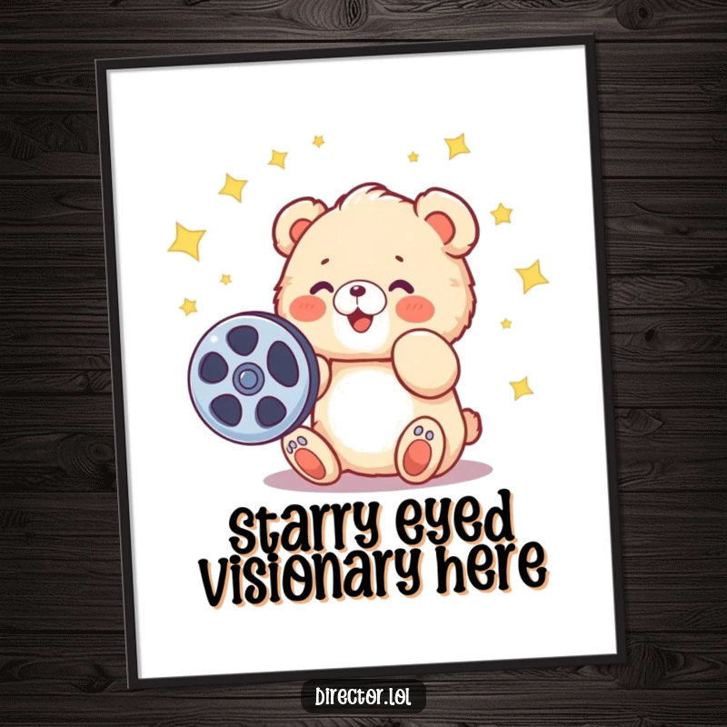 Funny poster featuring a fluffy cartoon bear cub spinning a film reel, bright stars around its head, symbolizing cinematic dreams.