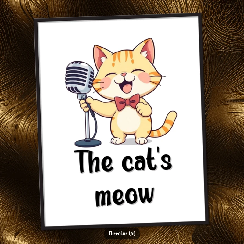 Funny cat microphone poster, wall art, a giggling cat in a bowtie, dramatically sweeping a large ornate microphone with pure joy and musical abandon.