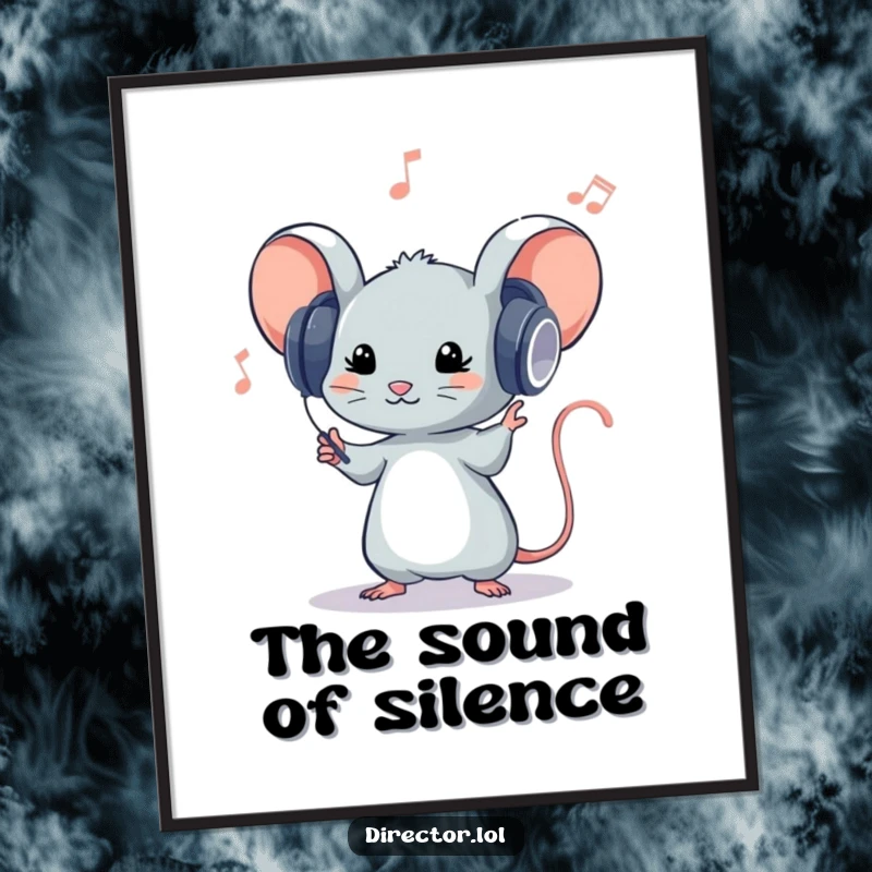Funny poster depicting a tiny mouse wearing huge headphones, enthusiastically conducting an unseen orchestra, celebrating the joy of music.