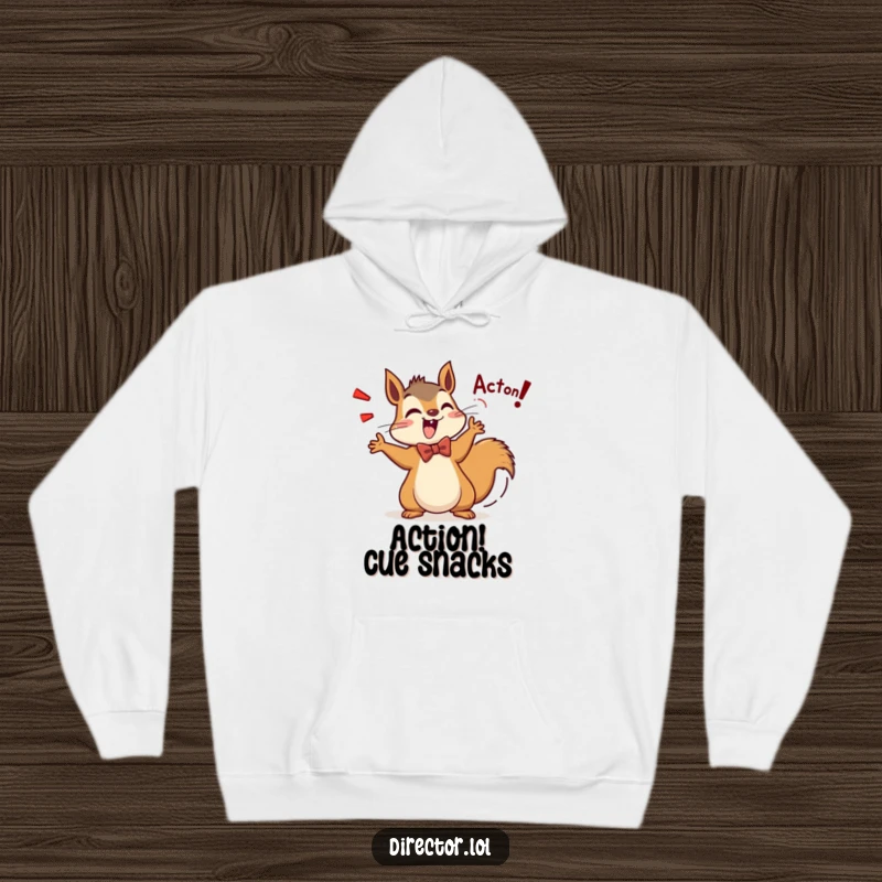 Funny Squirrel Director Hoodie: A dapper squirrel wearing a bow tie enthusiastically yells Action! while its tail wags with excitement.
