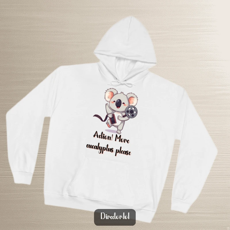 Funny hoodie showcasing a bouncing koala holding a film reel, striking a hilarious pose, perfect for cozy movie nights.
