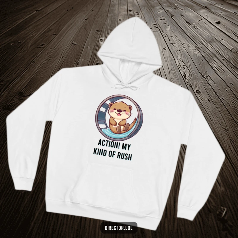 Funny hoodie depicting a delighted otter sliding down a film reel, perfect for cinephiles.