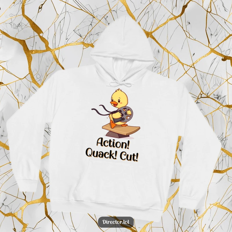 Funny determined duckling sliding down a ramp holding a film reel, a cozy and humorous hoodie for movie lovers.