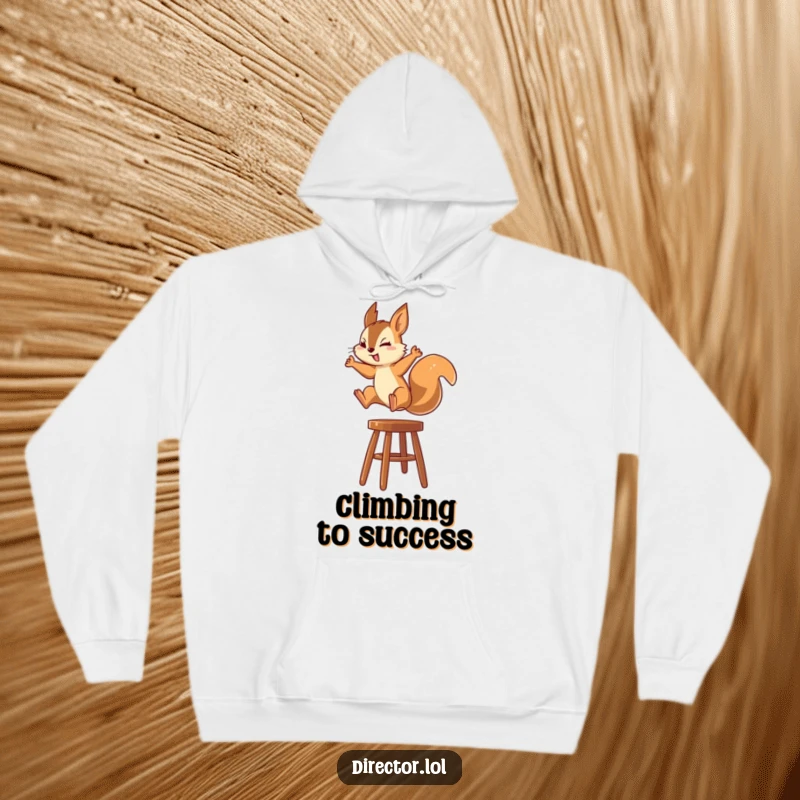 Funny Squirrel Hoodie: Illustration of a squirrel energetically jumping onto a high stool, showcasing its determined and focused nature.