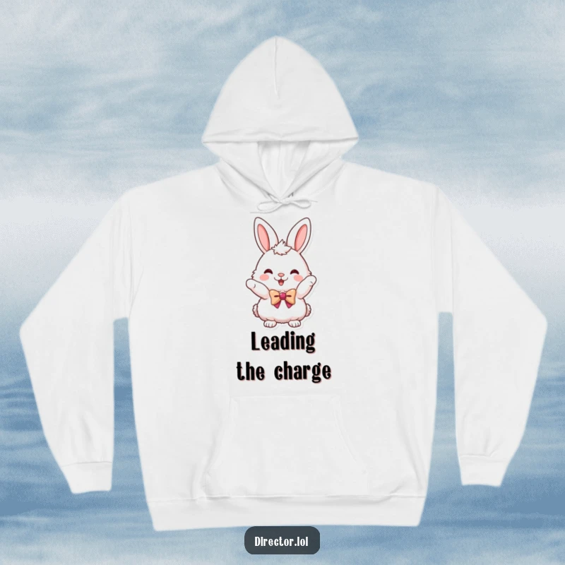 Funny hoodie showcasing a fluffy bunny in a tiny bowtie, enthusiastically pointing forward, offering warmth and humor.