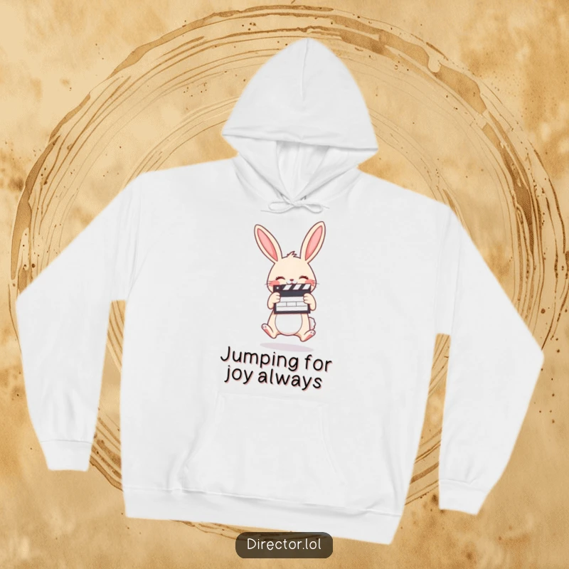 Funny hoodie featuring a giggling cartoon bunny holding a clapboard, jumping with infectious joy and enthusiasm.