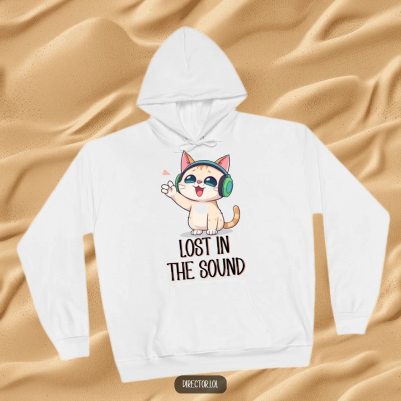 Funny hoodie featuring a cat with oversized headphones, gesturing wildly, offering warmth and musical humor.