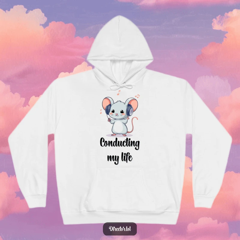 Funny hoodie featuring a tiny mouse with oversized headphones, conducting an orchestra with intense focus and musical enthusiasm.