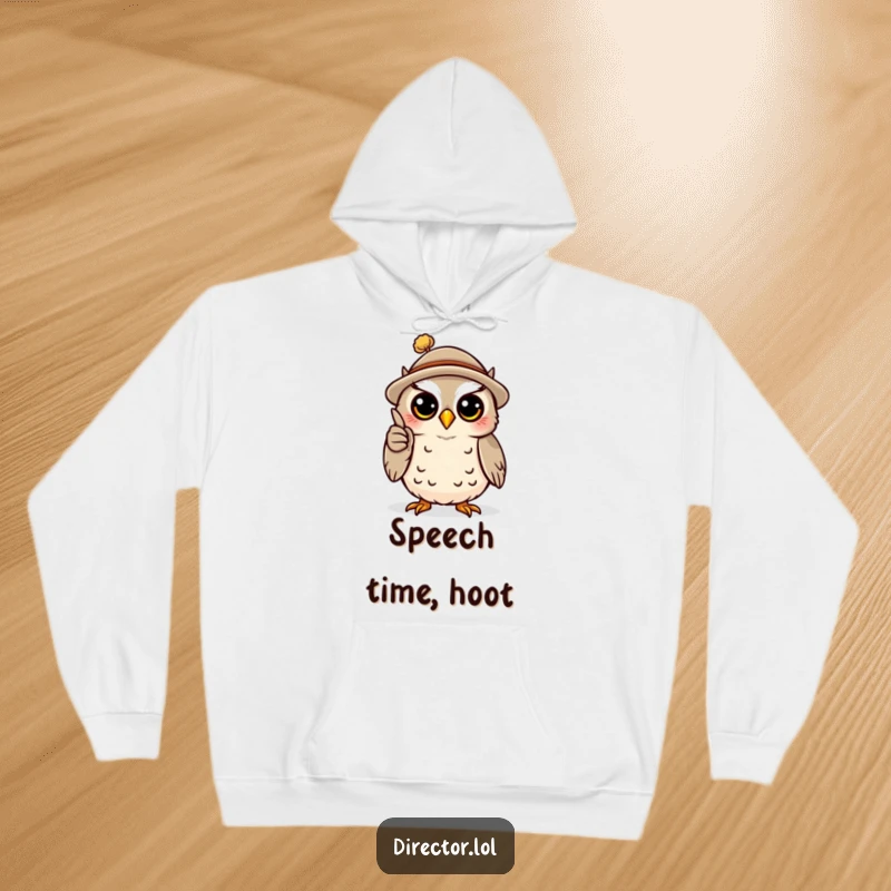 Funny hoodie showing a happy owl wearing a tiny hat, dramatically gesturing with a miniature pointer, offering warmth and intellectual humor.