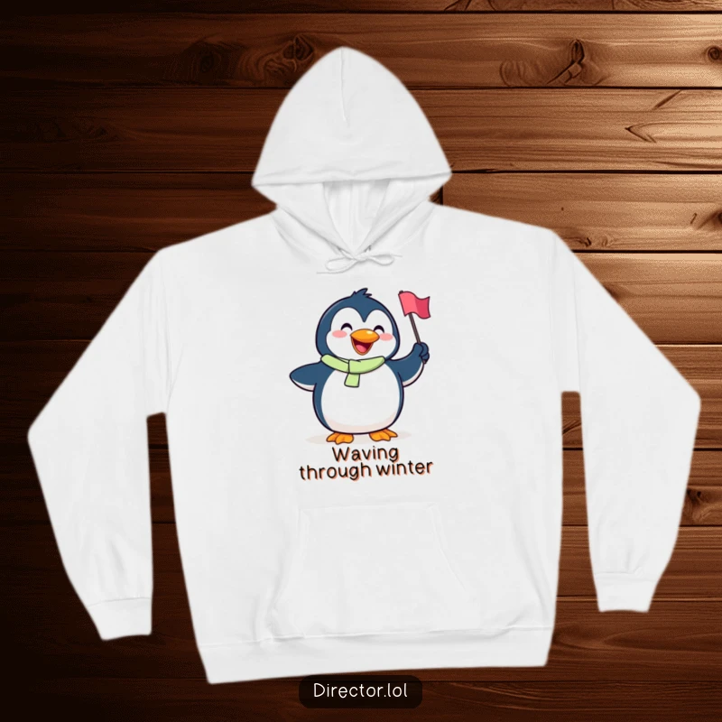 Funny Penguin Hoodie: A depiction of a goofy, smiling penguin joyfully waving a tiny flag, spreading warmth and happiness.