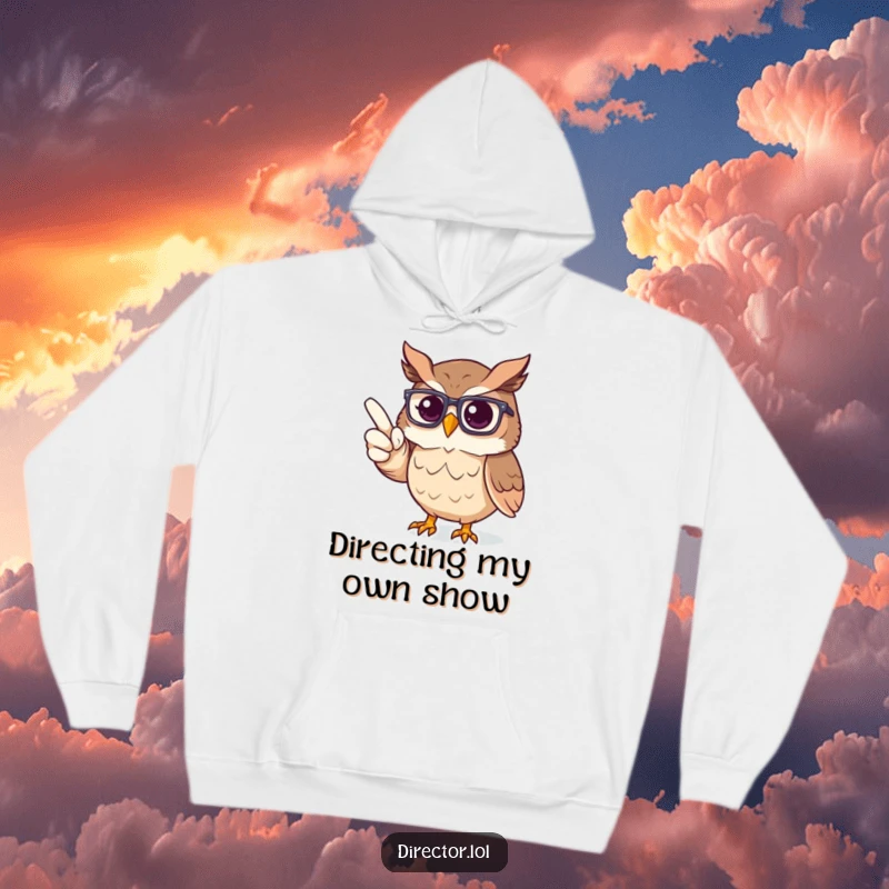 Funny Hoodie: Proud owl wearing glasses directing an imaginary stage, showcasing a keen eye for performance.