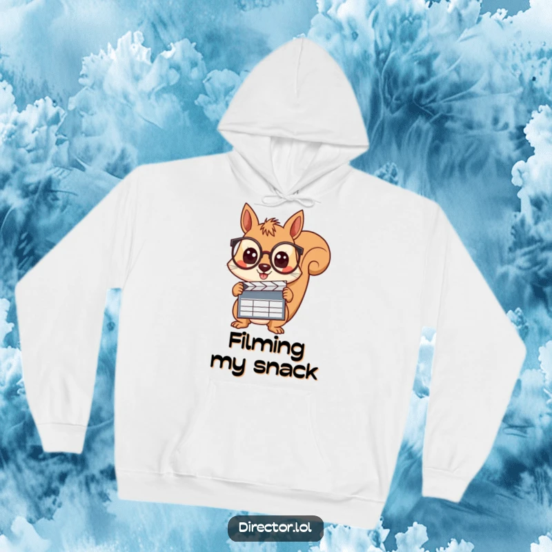 Funny squirrel with spectacles, holding a clapboard with wide, curious eyes, ready for action on this warm and cozy hoodie.