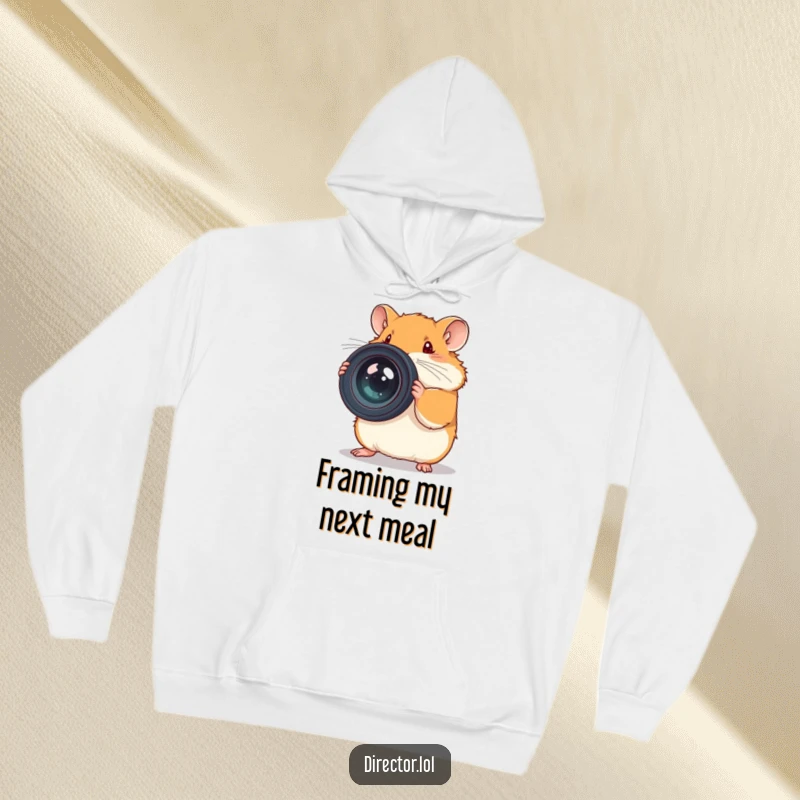 Funny hoodie showing a serious hamster working on a giant camera lens, celebrating photography passion.