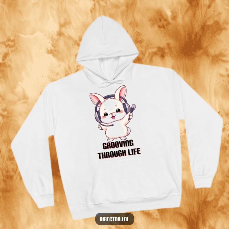 Funny Hoodie of a fluffy bunny in large headphones, enthusiastically leading a musical performance with a tiny baton.