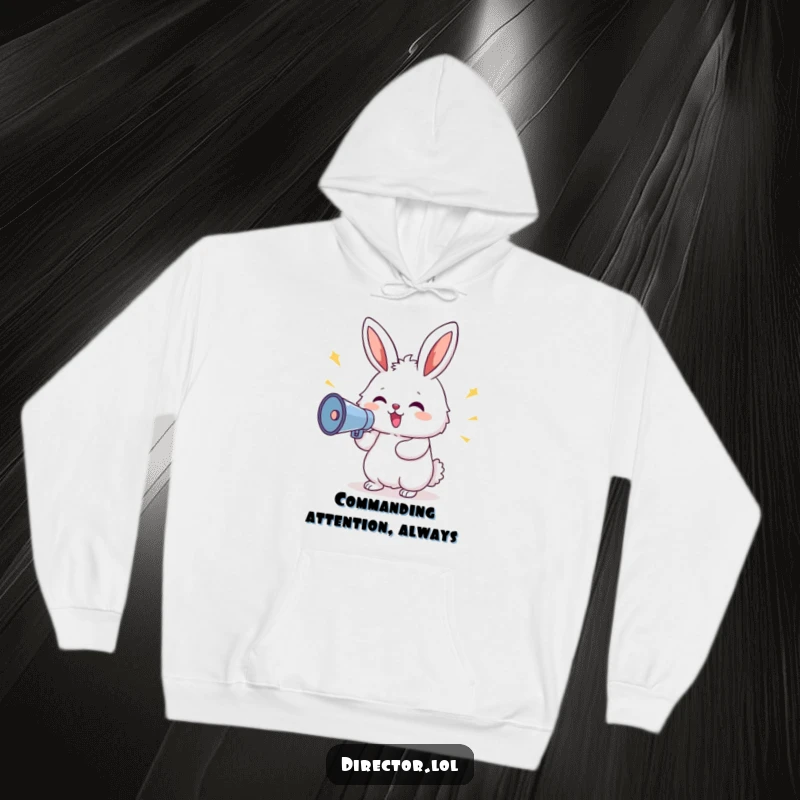 Funny Bunny Megaphone Hoodie: Fluffy delighted bunny shouting commands through a megaphone, comfortable and humorous, a warm funny gift.