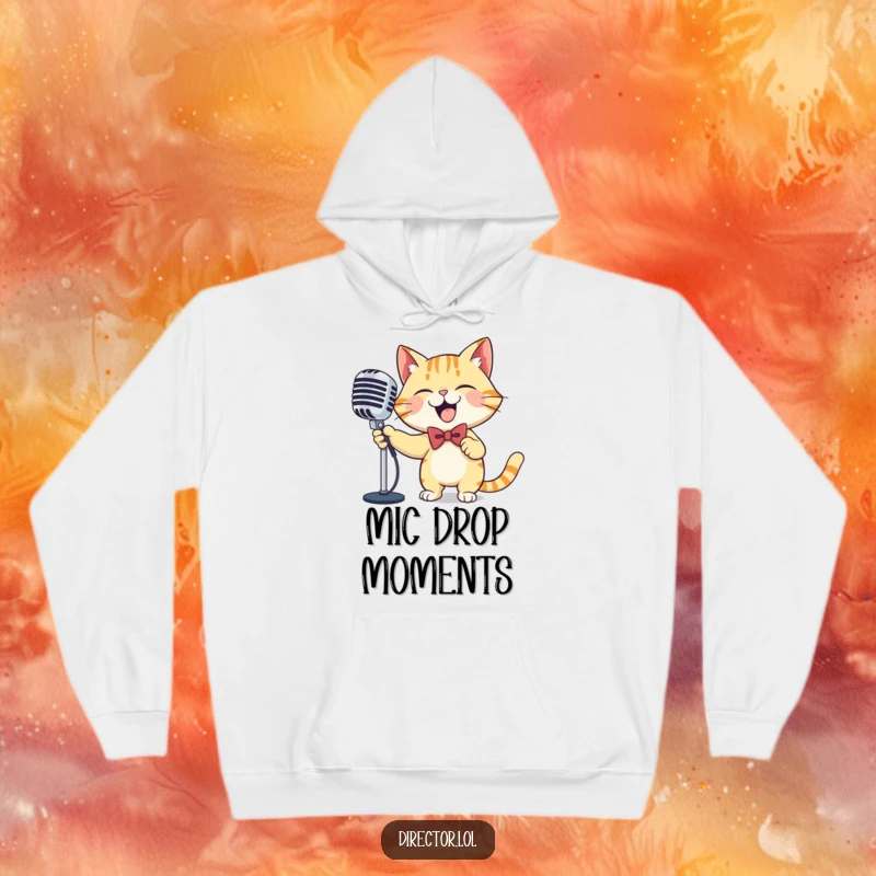 Funny cat microphone hoodie, soft and warm, a giggling cat in a bowtie, joyfully sweeping a large ornate microphone, ready to perform.