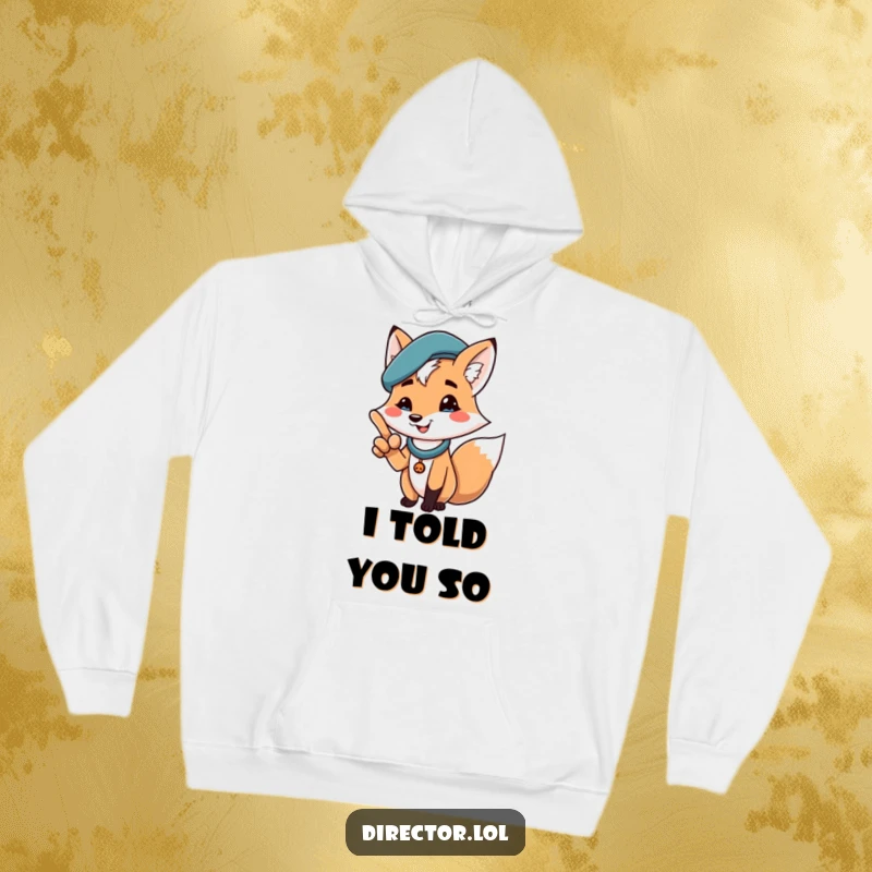 Funny hoodie with a cheerful fox wearing a beret, pointing assertively with a proud smile, a warm and humorous statement piece.