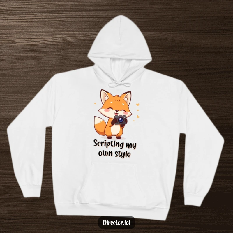 Funny Fox Director Hoodie: Charming fox holding a script gestures energetically with a prop camera, cozy and humorous, a warm funny gift.