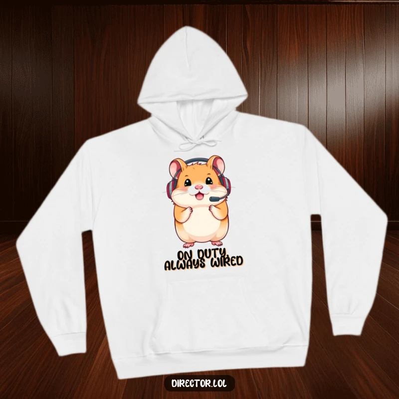 Funny hoodie featuring a determined hamster with a headset, designed for cozy gaming and ultimate focus.