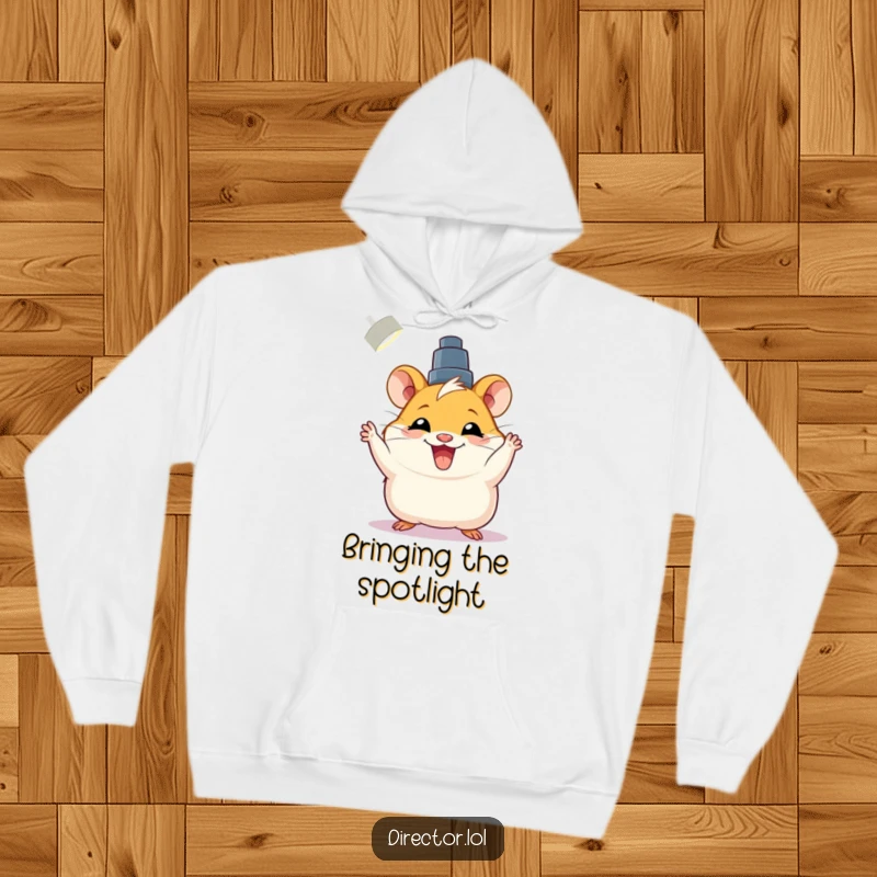 Funny hoodie featuring a joyful hamster adjusting a spotlight with a big grin, perfect for cozy nights.
