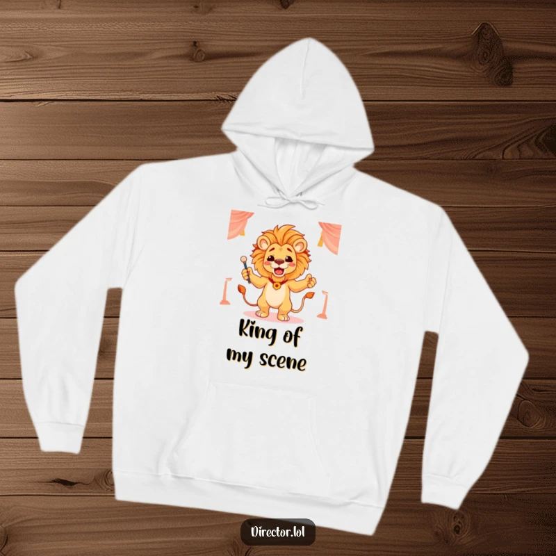 Funny hoodie featuring a proud lion conducting a scene with flourish, offering warmth and a touch of regal authority.