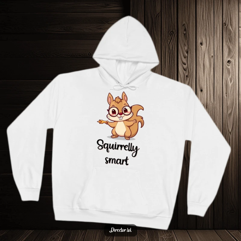 Funny squirrel hoodie featuring a mischievous squirrel wearing a monocle, enthusiastically pointing with a tiny arrow.