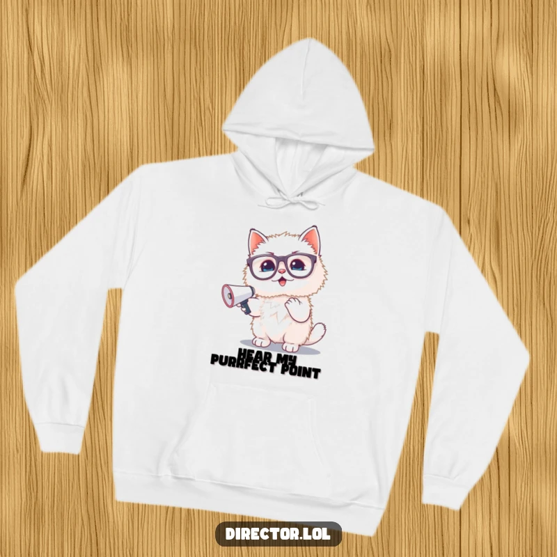 Funny hoodie: A fluffy white kitten wearing large glasses holds up a small megaphone, looking ready to rally the troops with joy.