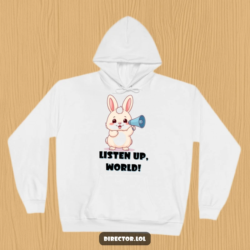 Funny fluffy bunny in a beret waving a tiny megaphone, spreading cheer and encouragement on this warm and cozy hoodie.