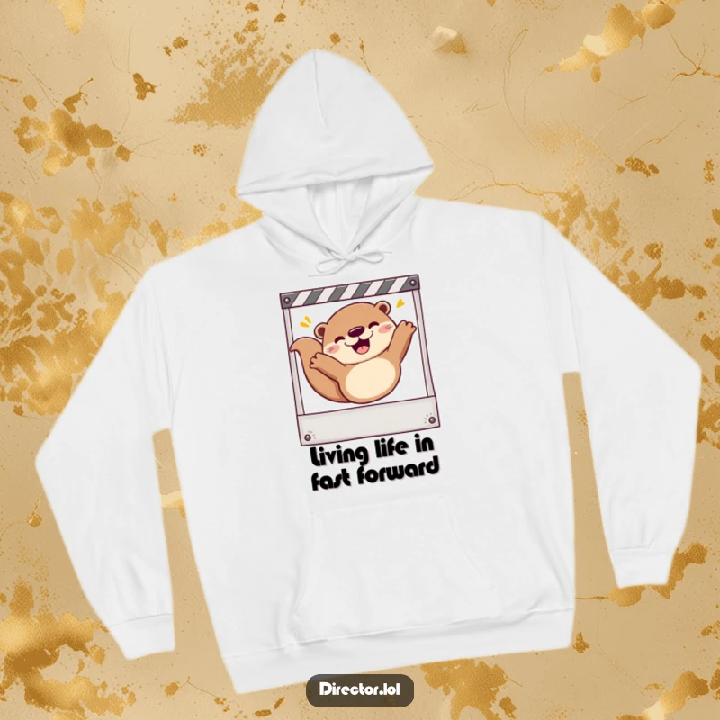 Funny Hoodie: Cheerful otter joyfully sliding down a storyboard, capturing the lively spirit of filmmaking and animation.
