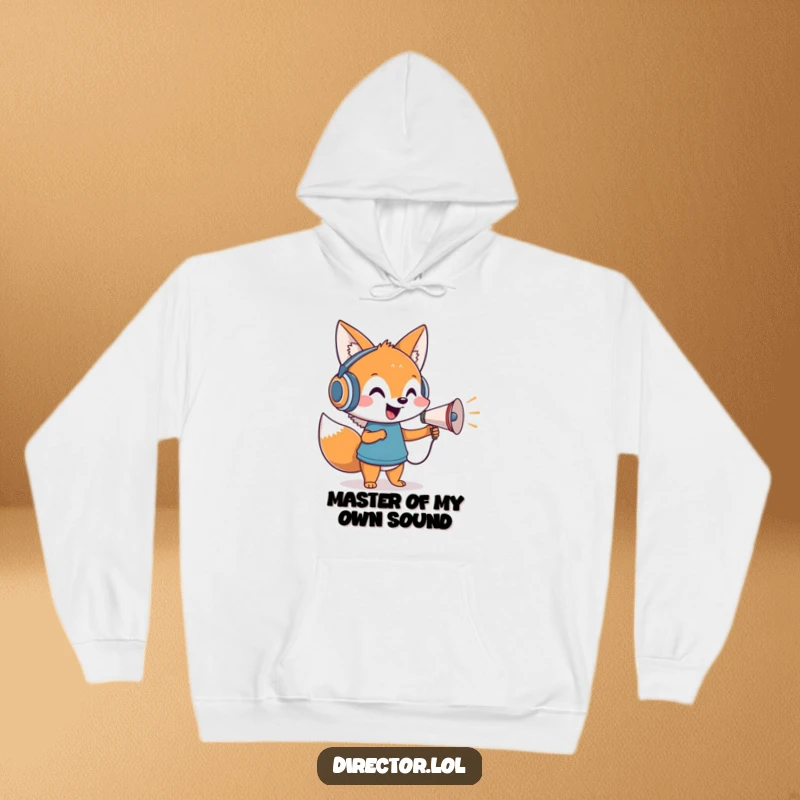 Funny hoodie showcasing a cheerful cartoon fox with oversized headphones, enthusiastically directing with a tiny megaphone.