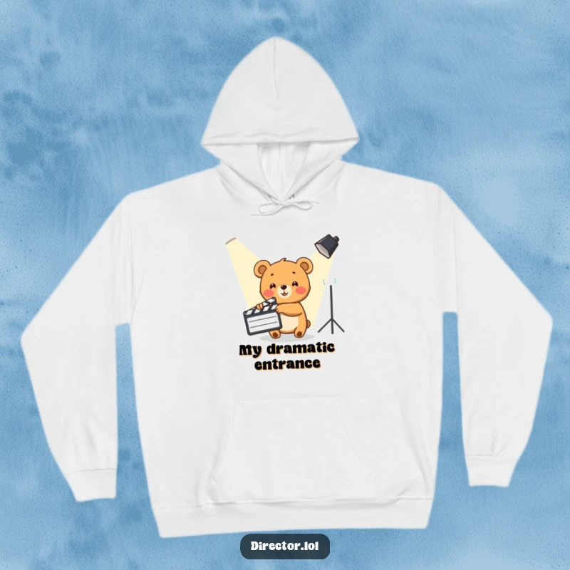 Funny Bear Cub Hoodie: A cute bear cub enthusiastically points a clapboard towards a spotlight, embodying directorial passion.