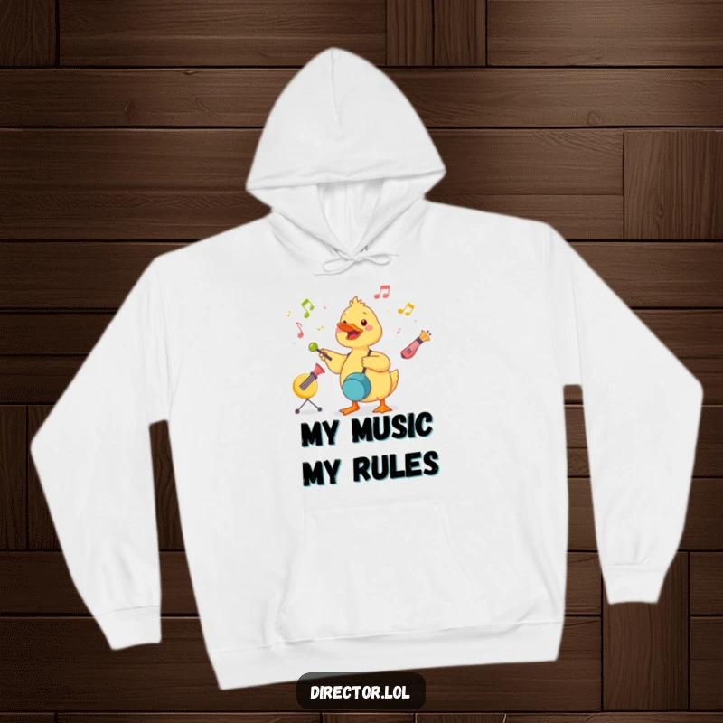 Funny Duckling Conductor Hoodie: A cute duckling energetically leads a symphony of toy instruments, creating joyous melodies.