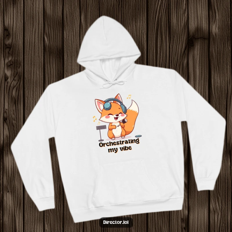 Funny giggling fox in oversized headphones, conducting an invisible orchestra with glee on this warm and cozy hooded sweatshirt.