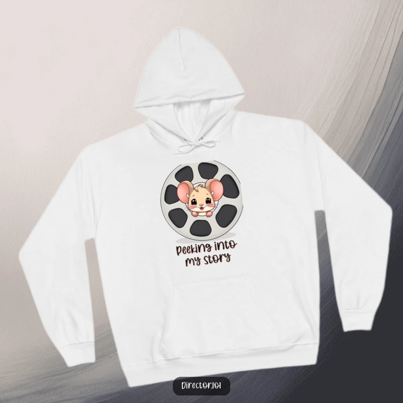 Funny mouse film reel hoodie, a curious cartoon mouse peeking from behind a large film reel, its expression full of delightful anticipation.