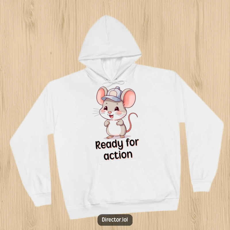 Funny mouse in a cap, winking and enthusiastically gesturing to cue a scene. A warm and humorous hoodie, perfect funny gift.