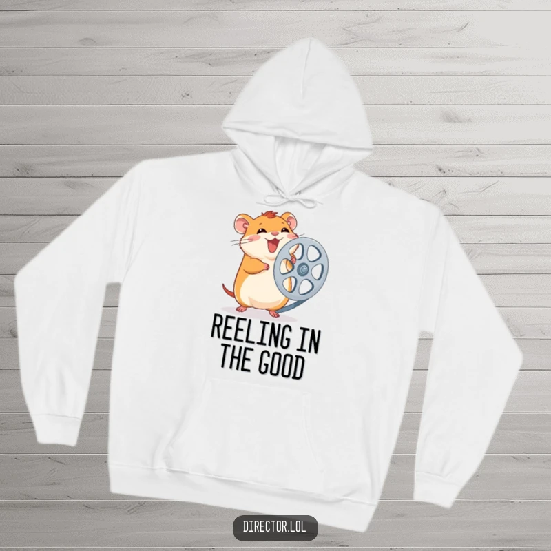 Funny Hamster Film Reel Hoodie: Giggling hamster spins a large film reel with excitement, comfortable and humorous, a warm funny gift.