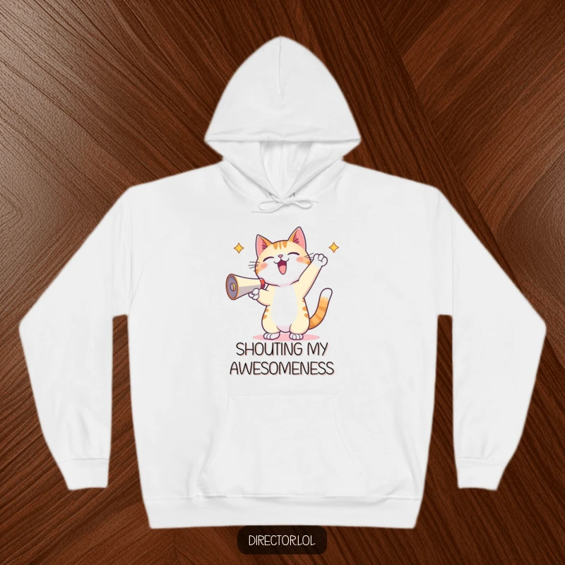 Funny Kawaii Cat Hoodie: A cute kawaii cat yells into a megaphone, paws up in excitement, perfect for expressing boisterous energy.
