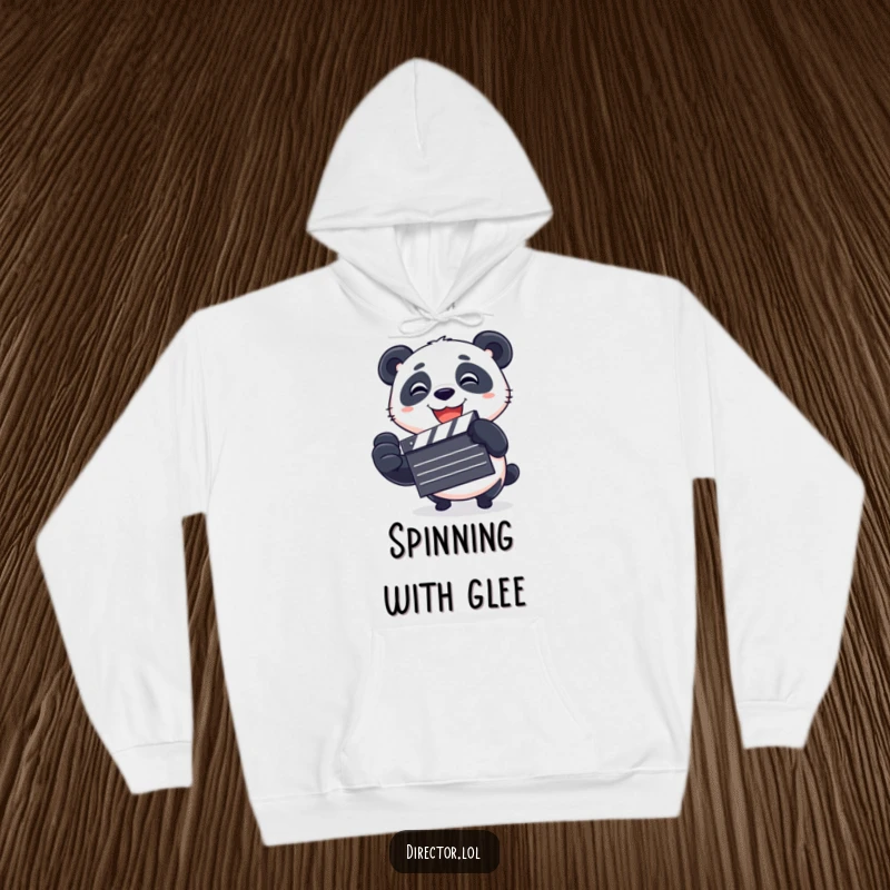 Funny Hoodie featuring a playful panda spinning a clapboard with excitement, offering warmth and a humorous touch for movie lovers and panda fans.