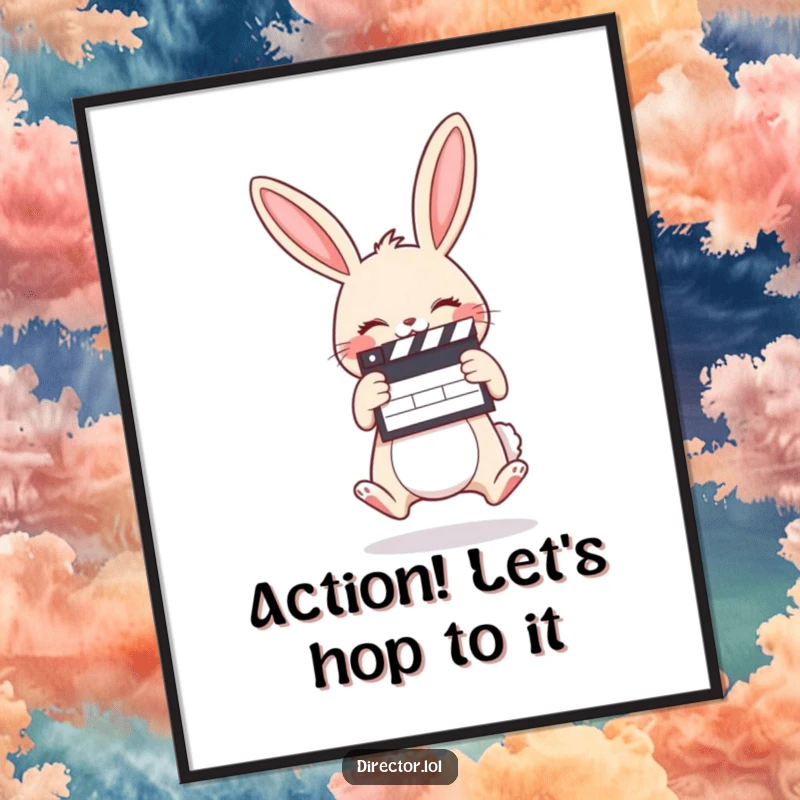 Funny Free Printable Wall Art of a giggling cartoon bunny holding a clapboard and jumping for joy.