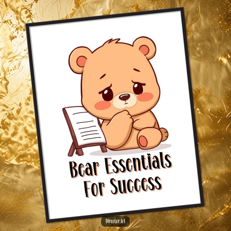 Funny Free Printable Wall Art: A bear taps its chin thoughtfully, furrowed brow, looking at a storyboard, creative contemplation.