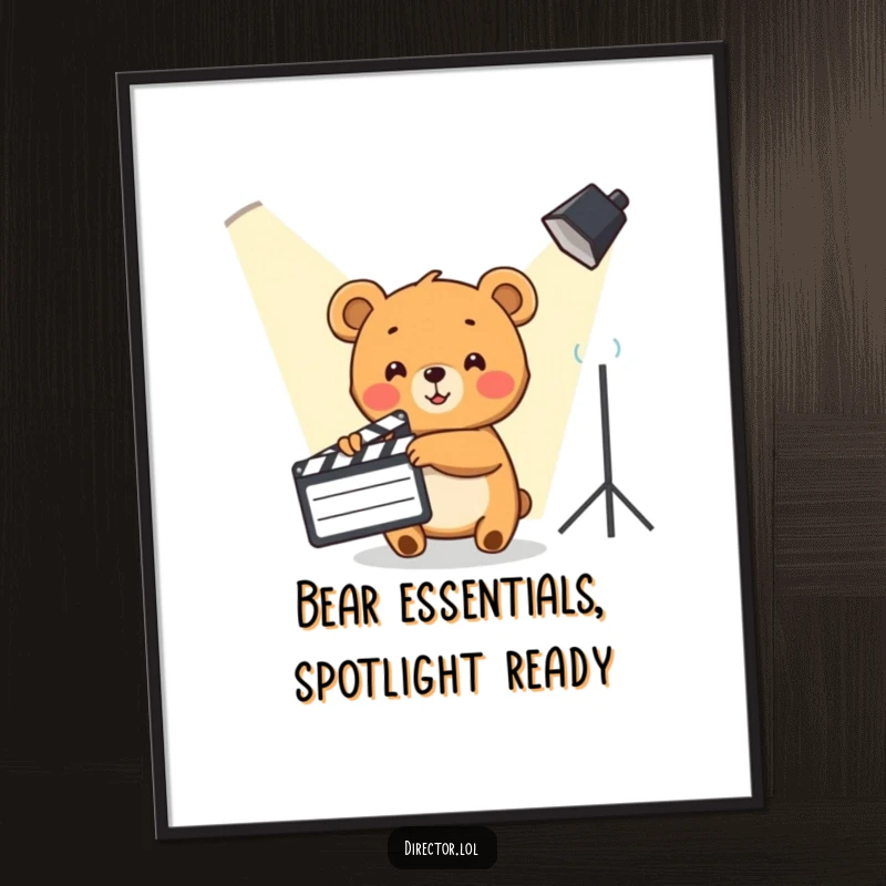 Funny Free Printable Wall Art: Cute bear cub enthusiastically points with a clapboard towards a spotlight, creating a cinematic feel.