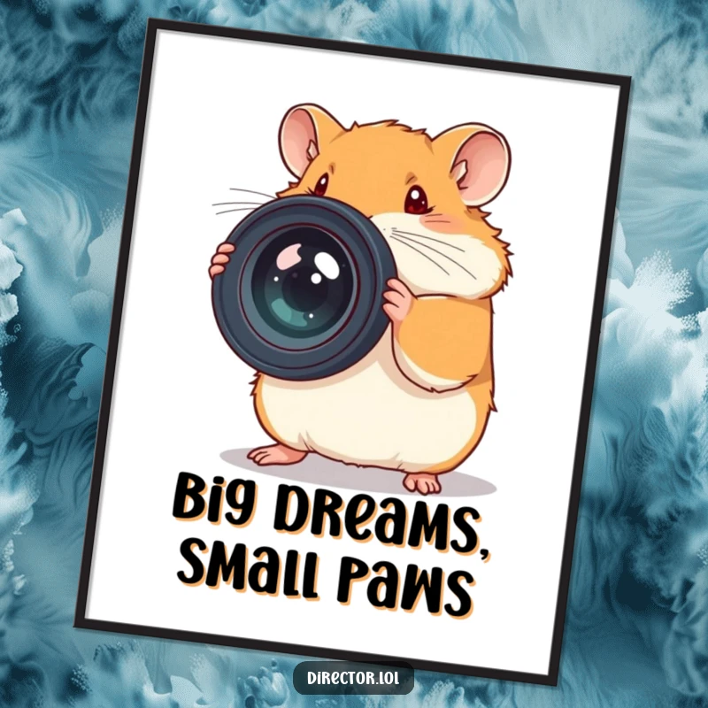 Funny Free Printable Wall Art: Determined hamster focuses intently on adjusting a giant camera lens, ready for a photo-worthy moment.