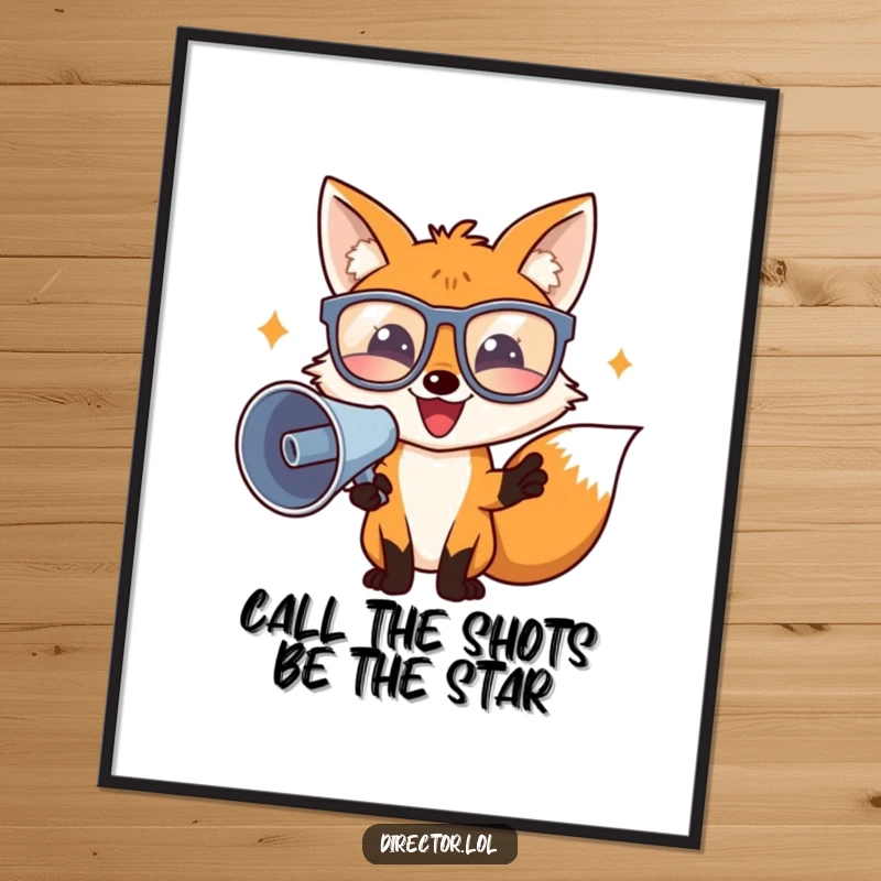 Funny Free Printable Wall Art: A fox director in oversized glasses enthusiastically directs a hilarious scene with a megaphone.